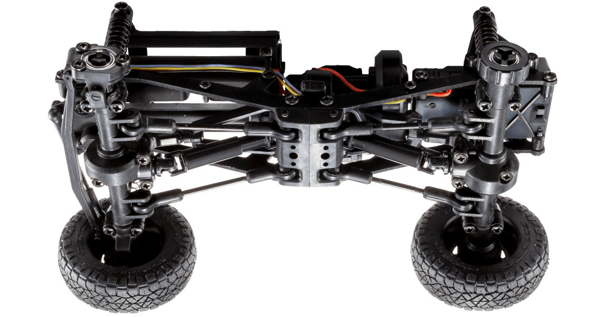 The same ladder frame and multi-link rigid-axle suspension commonly used in popular 1:10-scale off-road models, is condensed into Mini-Z size for the most articulation and performance available in any mini RC truck.