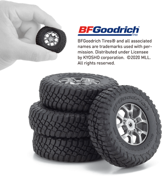 Tyres and wheels that are specific to each model are a major focus of the Mini-Z 4x4. This model features a scale reproduction of the BFGoodrich Mud-Terrain T/A KM3 tyres mounted on Suzuki factory-replica wheels with an aluminium-like silver finish.