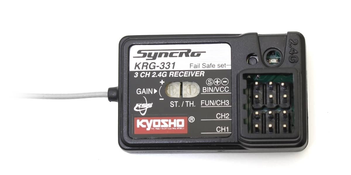The KRG-331 receiver with built-in gyro features the KSS (Kyosho Stability System), which straightens driving lines when steering control is affected on slippery or uneven roads and prevents spinouts during cornering, ultimately realizing faster lap times. The traction correction function also allows you to exit through corners at higher speed. Since the user can adjust the correction rate to their preference, settings can be made according to the road surface conditions and the type of vehicle.            