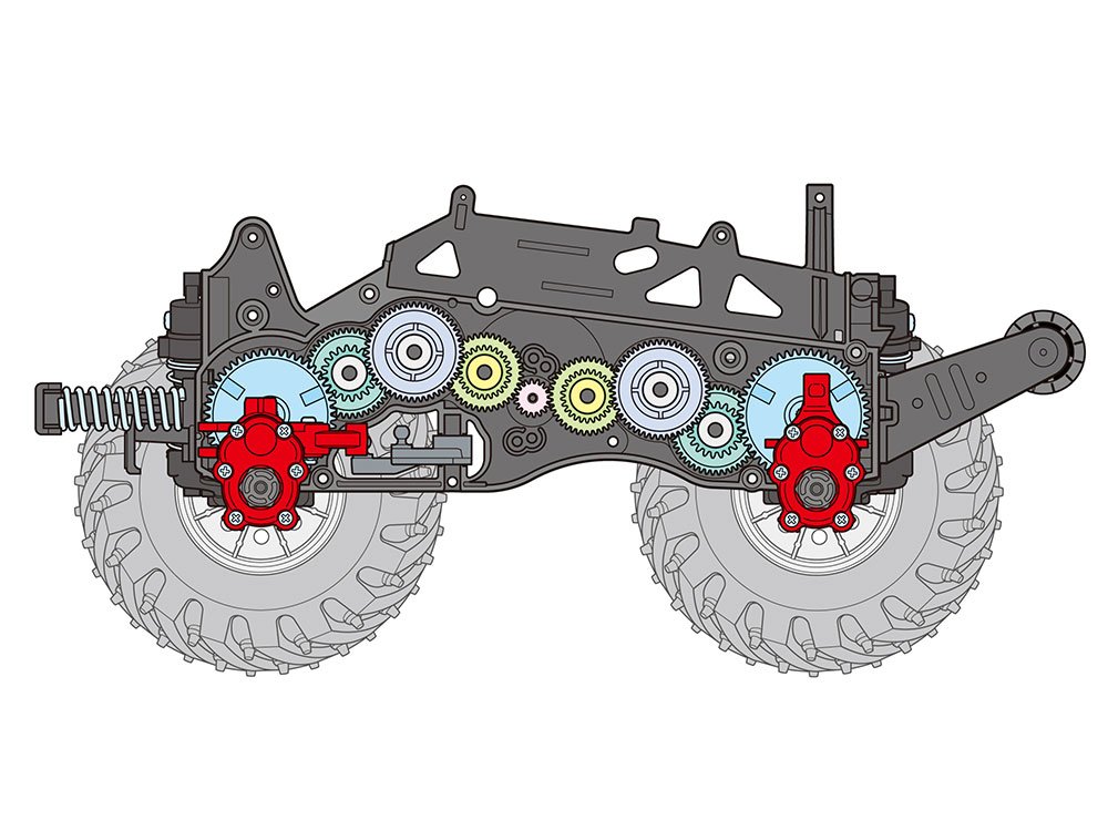 Take a closer look at the complex drivetrain, shown here in this profile view of the chassis